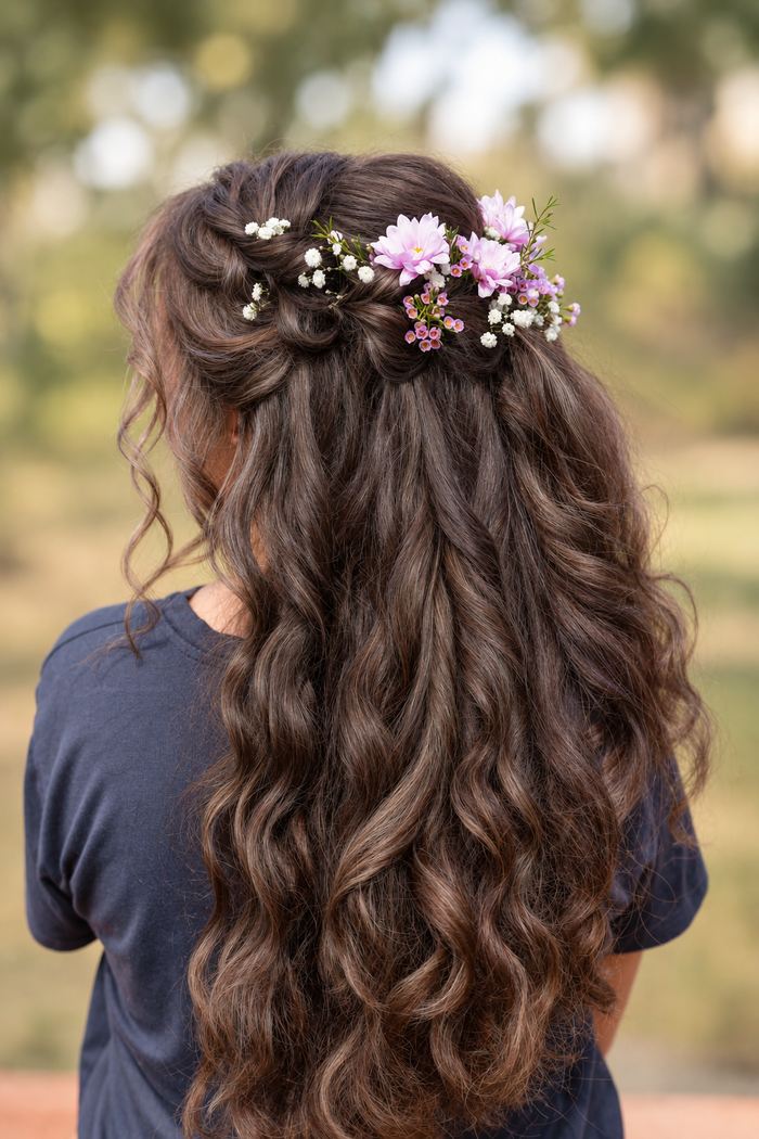 Half-up braid with fresh flowers by Yiqara Hair Co.