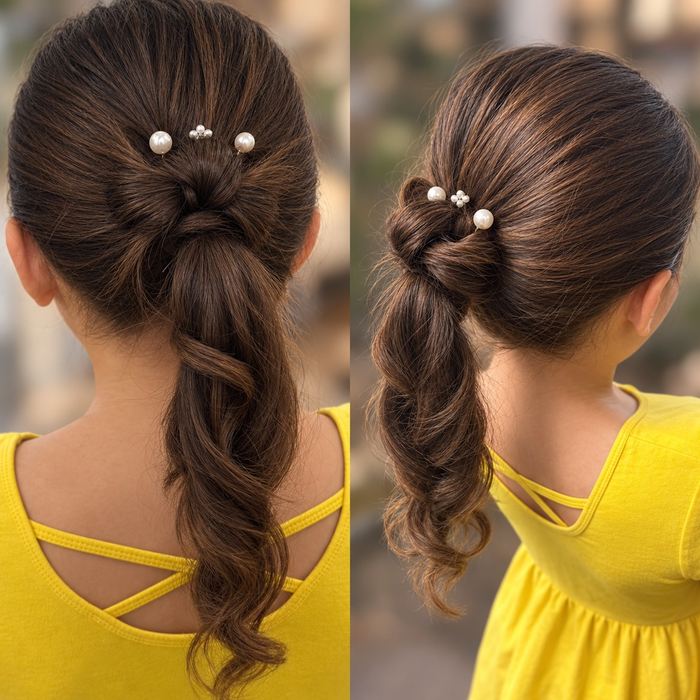 Twisted ponytail with pearl hair pins, Yiqara Hair Co.