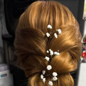 French braid updo with baby's breath, Yiqara Hair Co. Instagram